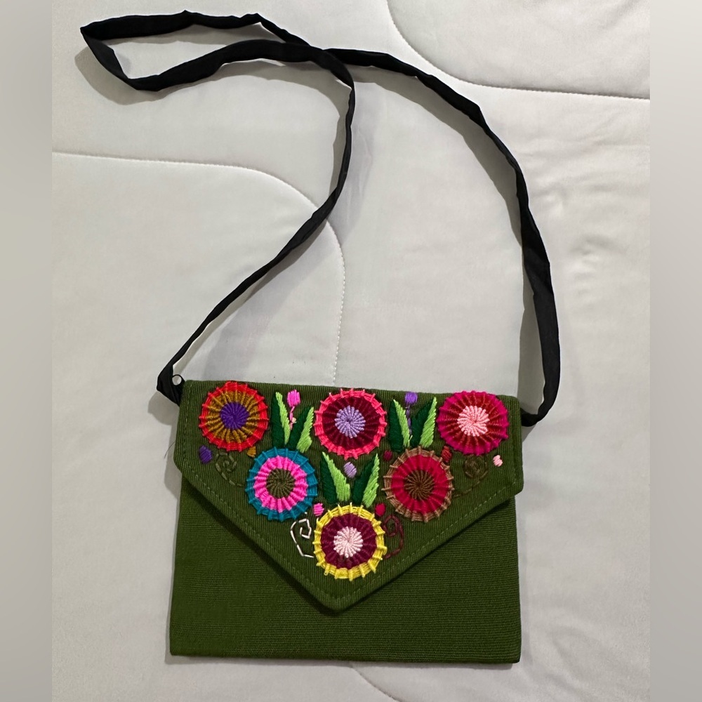 Hand Crafted Embroidered Floral Thin Envelope Crossbody Clutch Olive Green Bag - Picture 6 of 10